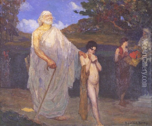 Tiresias Being Led By A Boy Playing The Pipes Oil Painting - Rupert Bunny