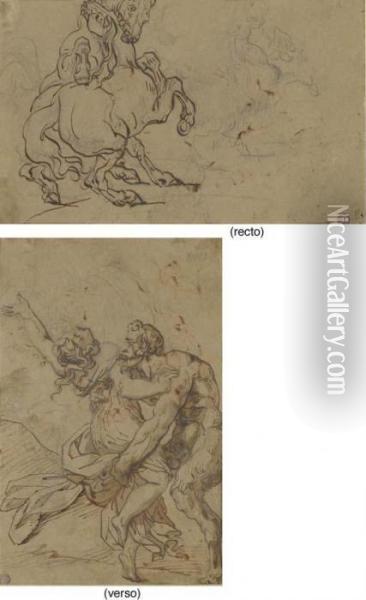 Two Horses Fighting, With A 
Subsidiary Study Of The Same (recto); Asatyr Abducting A Nymph (verso) Oil Painting - Theodore Gericault