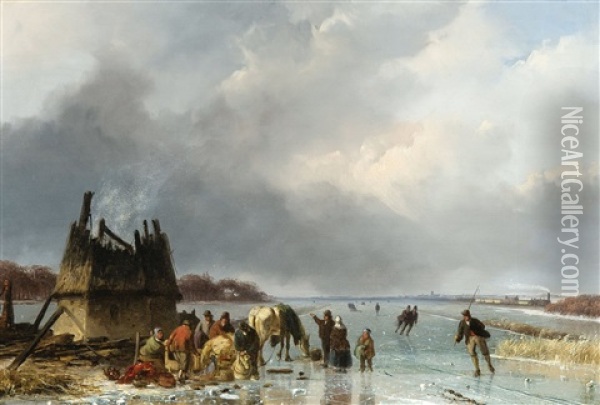 Winter Landscape With Ice Skaters Oil Painting - Nicolaas Johannes Roosenboom