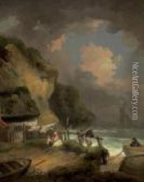 A Rocky Coast With Fishermen By A Cottage Oil Painting - George Morland