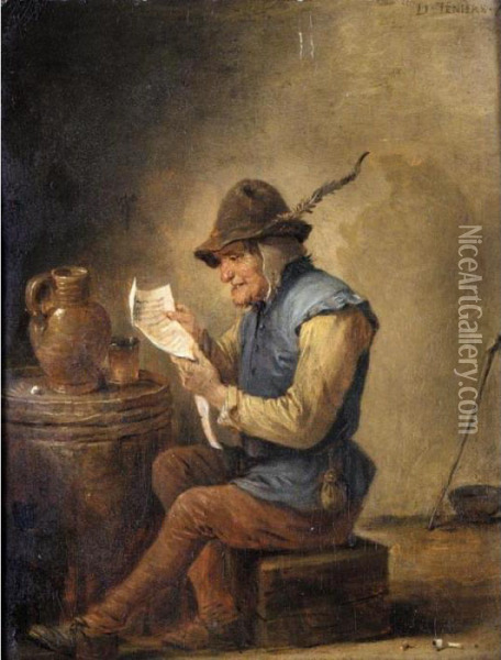 Interior With A Boor Reading A Letter Oil Painting - David The Younger Teniers