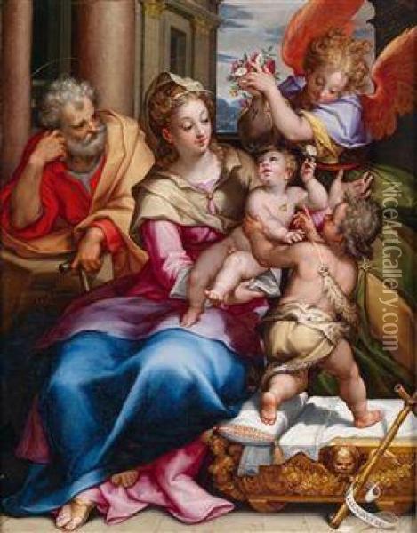 Die Heilige Familie Mit Demjohannesknaben Und Einem Engel Mit Blumen Oil Painting - Denys Fiammingo Calvaert