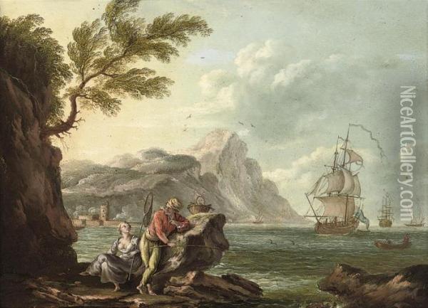A Mediterranean Coastal Inlet With Figures On A Bank, Shippingbeyond Oil Painting - Claude-joseph Vernet
