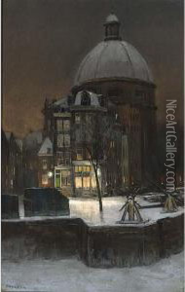 A View Of The Luther Church In Winter Time, Amsterdam Oil Painting - Herman Heijenbrock