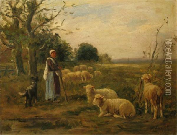 Bergere Et Son Troupeau De Moutons Oil Painting - Albert Charpin