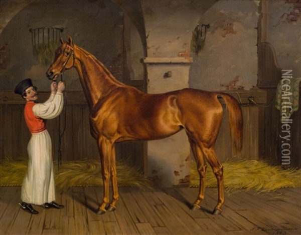 Rennpferd Im Stall Mit Ungarischem Pferdehirten Oil Painting - Theodor Franz Zimmermann