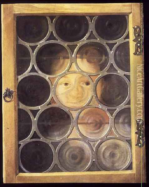 Trompe LOeil of a Boys Face through a Window Oil Painting - Joseph Plepp