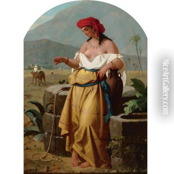 A Young Hay Gatherer And A Water Carrier By The Fountain (pair) Oil Painting - Enrico Fanfani