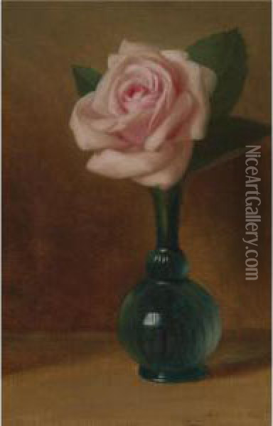 Still Life: Pink Rose In A Green Vase Oil Painting - George Henry Hall