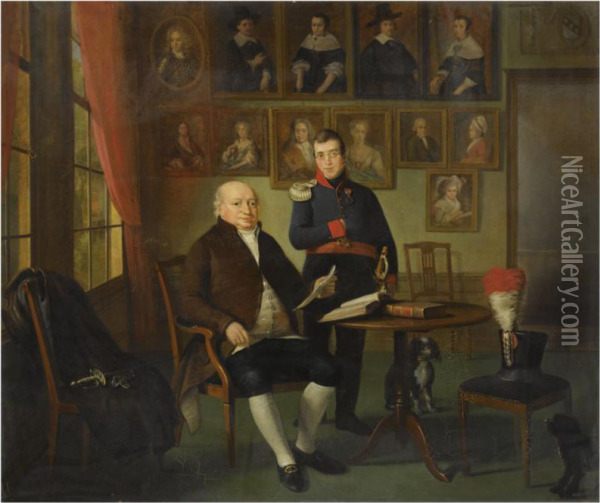 A Portrait Of Johannes Beeldsnijder (1761- 1817) And His Son Gerardjohannes Beeldsnijder (1791-1853) In A Study, Accompanied Byportraits Of Their Ancestors Oil Painting - Adriaan de Lelie