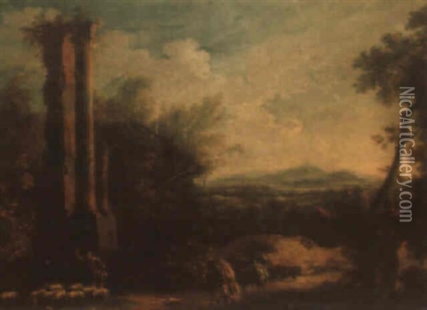 Extensive Italianate Landscape With Ruins, A Traveller And A Shepherd Oil Painting - Marco Ricci