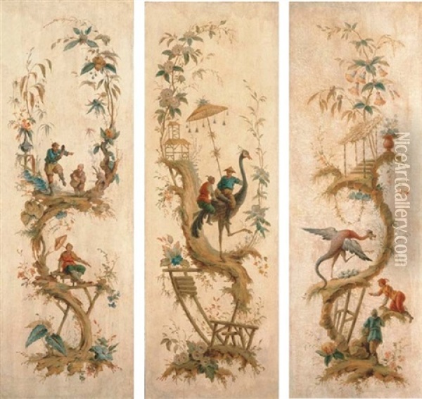 Chinoiseries (set Of 3, Mounted As A Screen) Oil Painting - Jean Baptiste Pillement