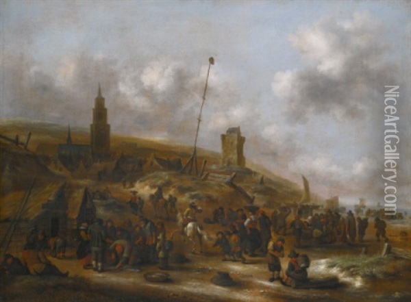 The Beach At Scheveningen With Fishermen Unloading Their Catch Oil Painting - Nicolaes Molenaer