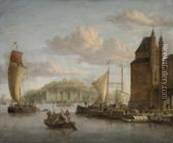 The Fortress Of Elsinore From 
The Harbour With Merchantmen, Figuresand Barges At The Quayside Oil Painting - Abraham Storck