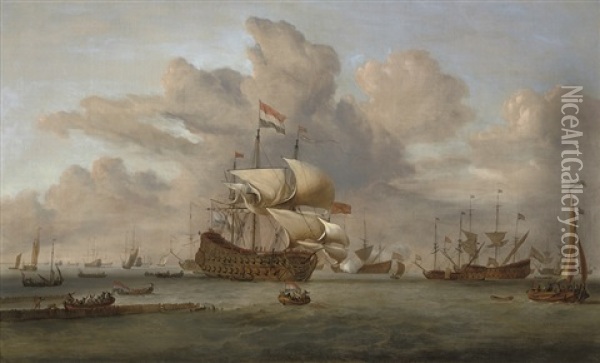 A Dutch Flagship Receiving A Salute As She Arrives At The Fleet Anchorage Oil Painting - John Christian Schetky
