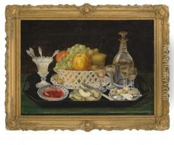 Still Life With Fruitbasket And Dessertwine Oil Painting - Christian August Printz