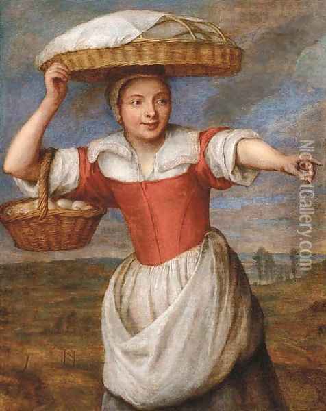 A maid carrying a basket of eggs, in a landscape Oil Painting - Pieter Snayers