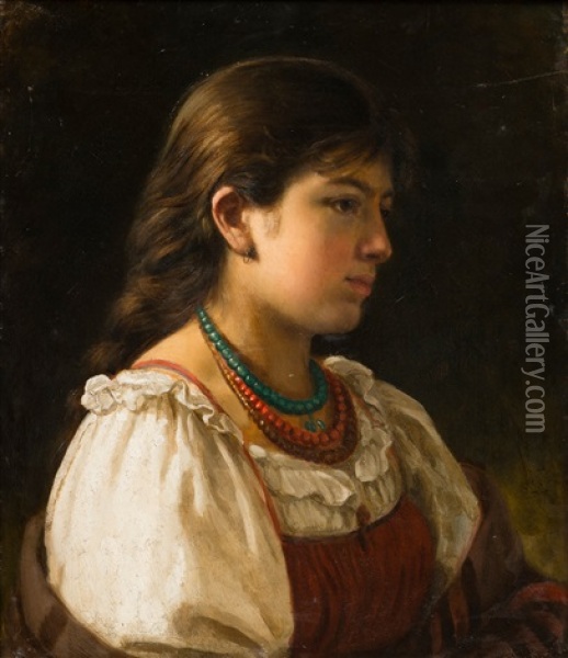 A Peasant Girl With Beads Oil Painting - Vasili Timofeevich Timofeev
