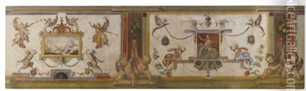 A Frieze With With Grotesques And Putti Flanking Panels With A Landscape And Neptune Oil Painting - Bernardino Barbarelli Poccetti