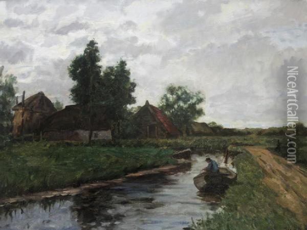 Rural Landscape Scene With A Man In A Boat Oil Painting - John Patrick Downie
