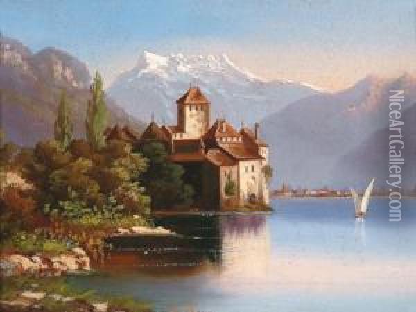 Attributed View Of Schloss Chillon Oil Painting - Hubert Sattler