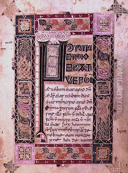 First page of the Gospel of St. John the Evangelist, text with initial and decorative border, from the MacDurnan Gospels, Armagh Oil Painting - Celtic