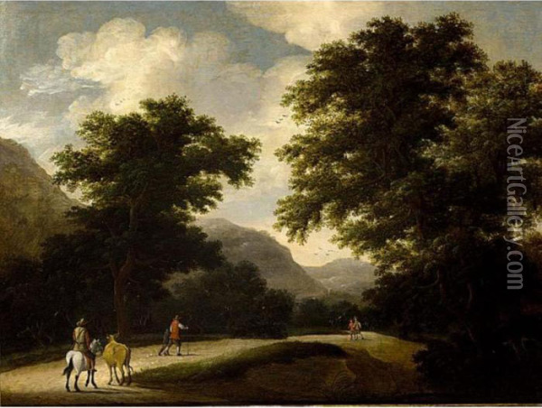 A Mountainous Wooded Landscape With Travellers On A Path Oil Painting - Anthonie Waterloo