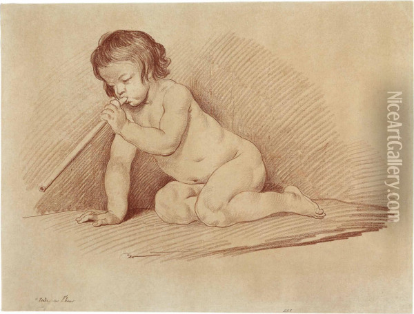 A Kneeling Putto Blowing A Pipe Oil Painting - Edme Bouchardon