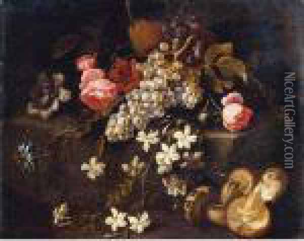 Still Life Of Fruit And Flowers 
Resting On A Stone Ledge With Mushrooms In The Foreground Oil Painting - Abraham Brueghel