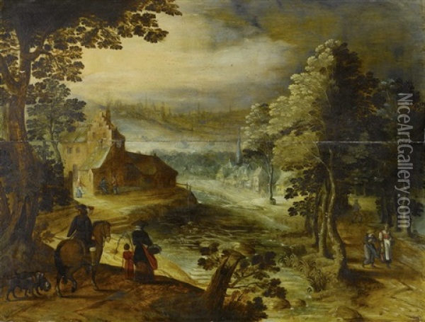 Waldweg Mit Weiher Mit Ausblick Auf Ein Dorf Oil Painting - Jan Snellinck the Elder
