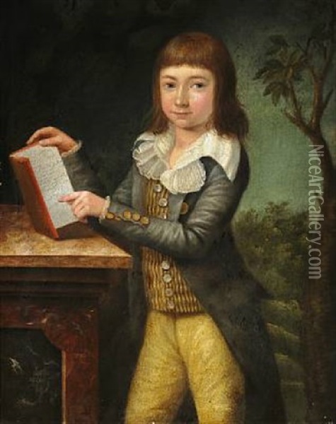 Portrait Of Carl Diderich Tutein In Yellow Trousers, Yellow Striped Waistcoat And Grey Jacket, Standing With A Book With His Name Oil Painting - Johann Jacob de Lose