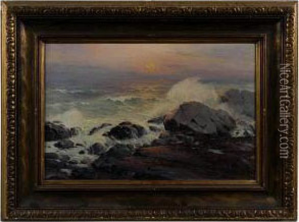 Sunset Over Crashing Surf. Oil Painting - Leon Lundmark