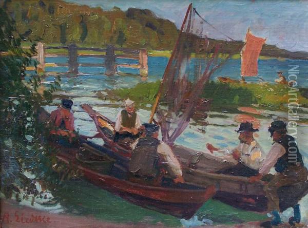 Fischer In Ihren Booten Beim Netze Flicken Oil Painting - Alfred Liedtke