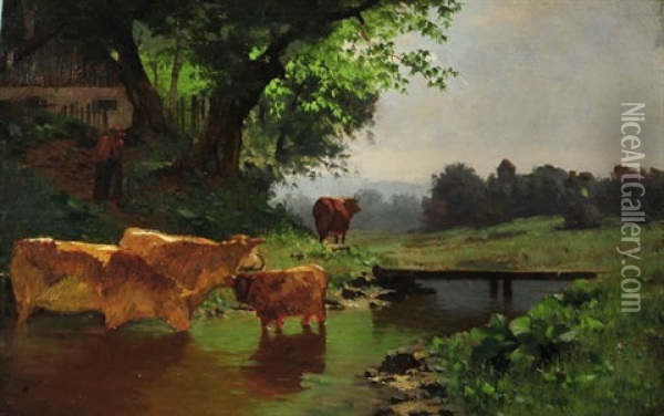 Magd Mit Kuhen Am Flussufer Unterhalb Des Bauernhauses, Welches Am Waldrand Liegt Oil Painting - Hermann Baisch