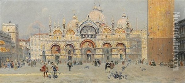 Blick Auf Den Markusplatz In Venedig, Im Vordergrund Rokokokavaliere Beim Tauben Futtern Oil Painting - Antonio Maria de Reyna Manescau