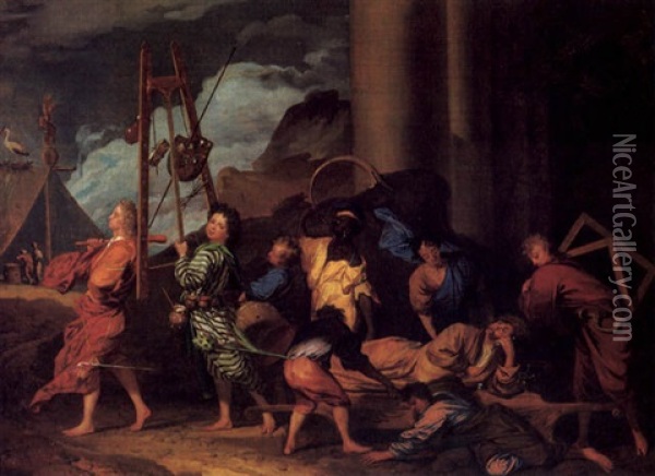 Ein Maler Wird Von Seinen Gesellen Im Triumphzug In Sein Atelier Getragen Oil Painting - Nicolas Poussin