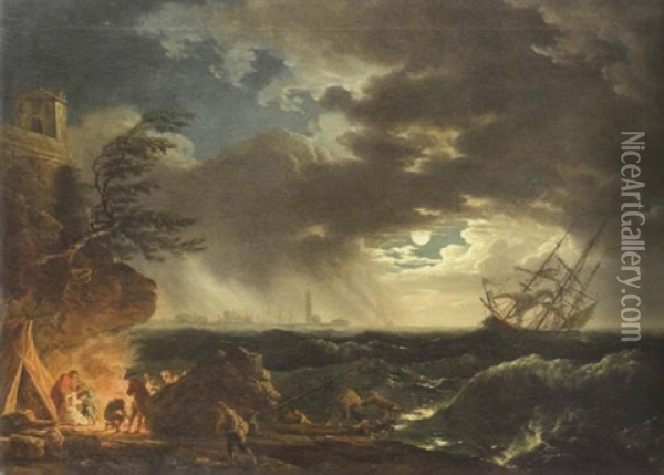 A Shipwreck In Stormy Seas With Survivors At A Campfire On A Rocky Coastline In The Foreground, A Lighthouse In The Distance Oil Painting - Jean Francois Hue