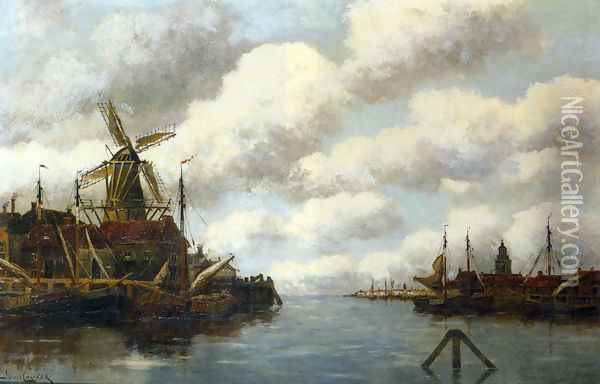 Harbour with Windmill Oil Painting - Jan van Vlaardingen Couver