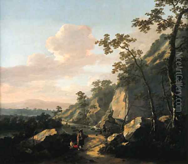A rocky landscape with travelers on a path Oil Painting - Jacob De Heusch