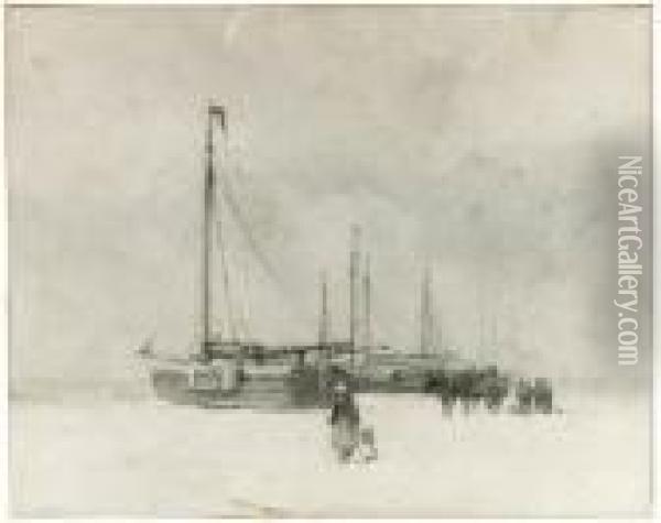Fishing Boats On The Beach In Winter, A Man Selling Shellfish Oil Painting - Anton Mauve