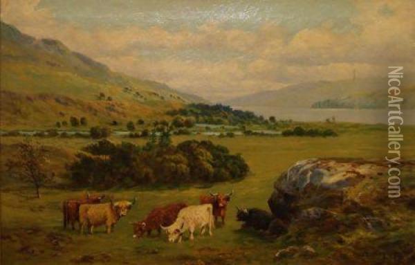 Extensive Highland Landscape With Cattle Oil Painting - Joseph Middleton Jopling
