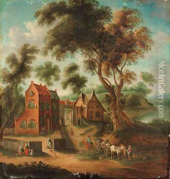 A wooded landscape with figures and a horse and cart before a hamlet Oil Painting - Joseph van Bredael