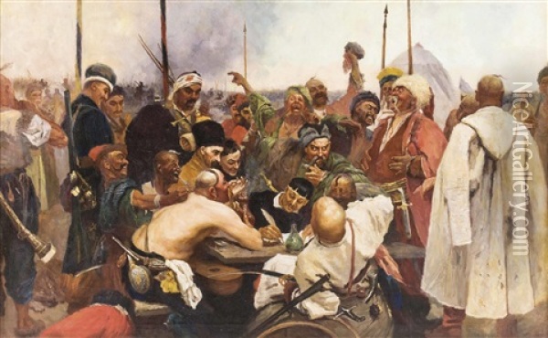 Die Saporoger-kosaken Schreiben Dem Turkischen Sultan Einen Brief Oil Painting - Ilya Repin