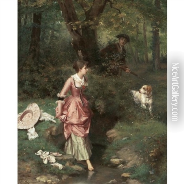 A Young Beauty Crossing A Brook, A Hunter Beyond Oil Painting - Emile Pierre Metzmacher