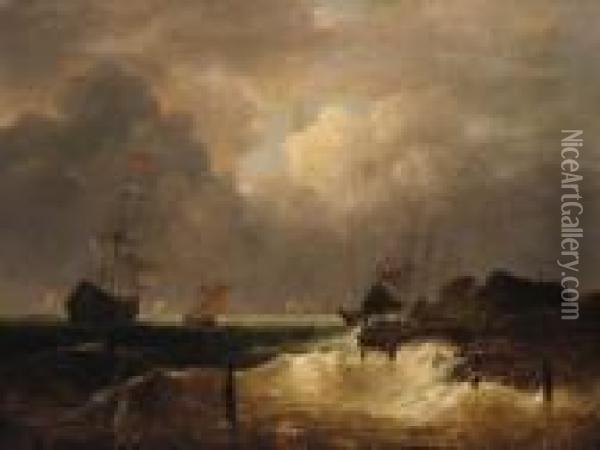A Coastal Landscape With Dutch Frigates In A Swell Offshore Oil Painting - Simon De Vlieger