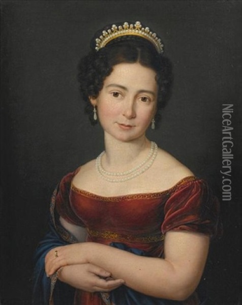 Portrait Of Marie Luise Victoire Prinzessin Von Sachsen-coburg-saalfeld, Later Of Leiningen And Then Duchess Of Kent In A Red Dress With A Blue Shawl, With A Pearl Necklace And A Tiara Oil Painting - Franz Joseph Zoll