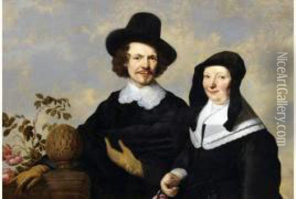 Portrait D'un Couple Pres De La Balustrade Oil Painting - Jacob Fransz. Van Der Merck