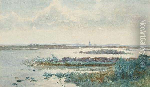 Water Meadows With Church Spire Beyond Oil Painting - Paul Joseph Constantine Gabriel