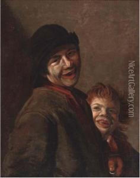 A Young Man With A Coin In His Hand And A Child Laughing Oil Painting - Frans Hals