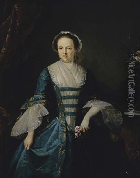Portrait Of A Lady In A Blue Dress, Three-quarter Length, Holding A Rose Oil Painting - John Giles Eccardt
